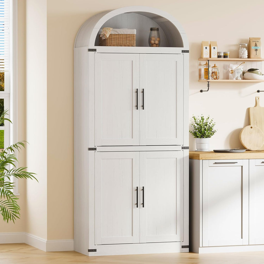 Arched Storage Cabinet 71.6" Tall Storage Pantry, Farmhouse Pantry White Kitchen Cabinet withDoors, 5 Tier Kitchen Cabinets for Dining Room Rustic White