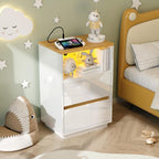 VINGLI White Nightstand with Charging Station, High Gloss Led Night Stand with Drawers, End Table, Bedside Table, Smart Nightstand Modern, Small Night Stand for Bedroom, 15.63" W*11.61" D*23.62" H