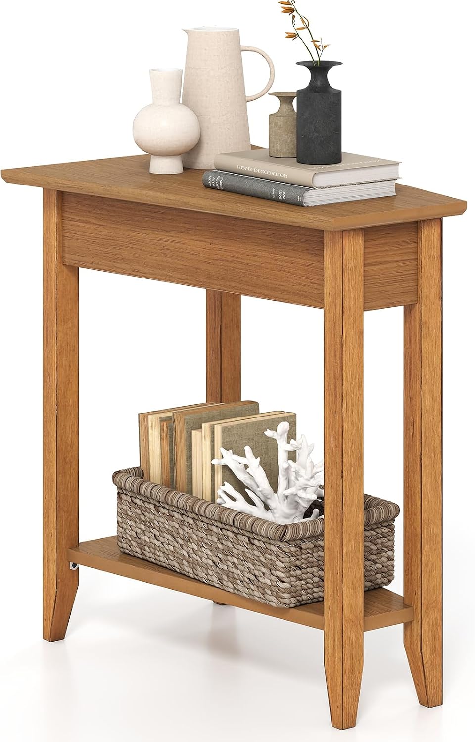 Giantex Wedge End Table, Triangle Side Table with Storage Shelf and Solid Wood Legs, 24.5" Tall Nightstand, Modern Narrow Accent Recliner Table for Small Space Living Room, Walnut