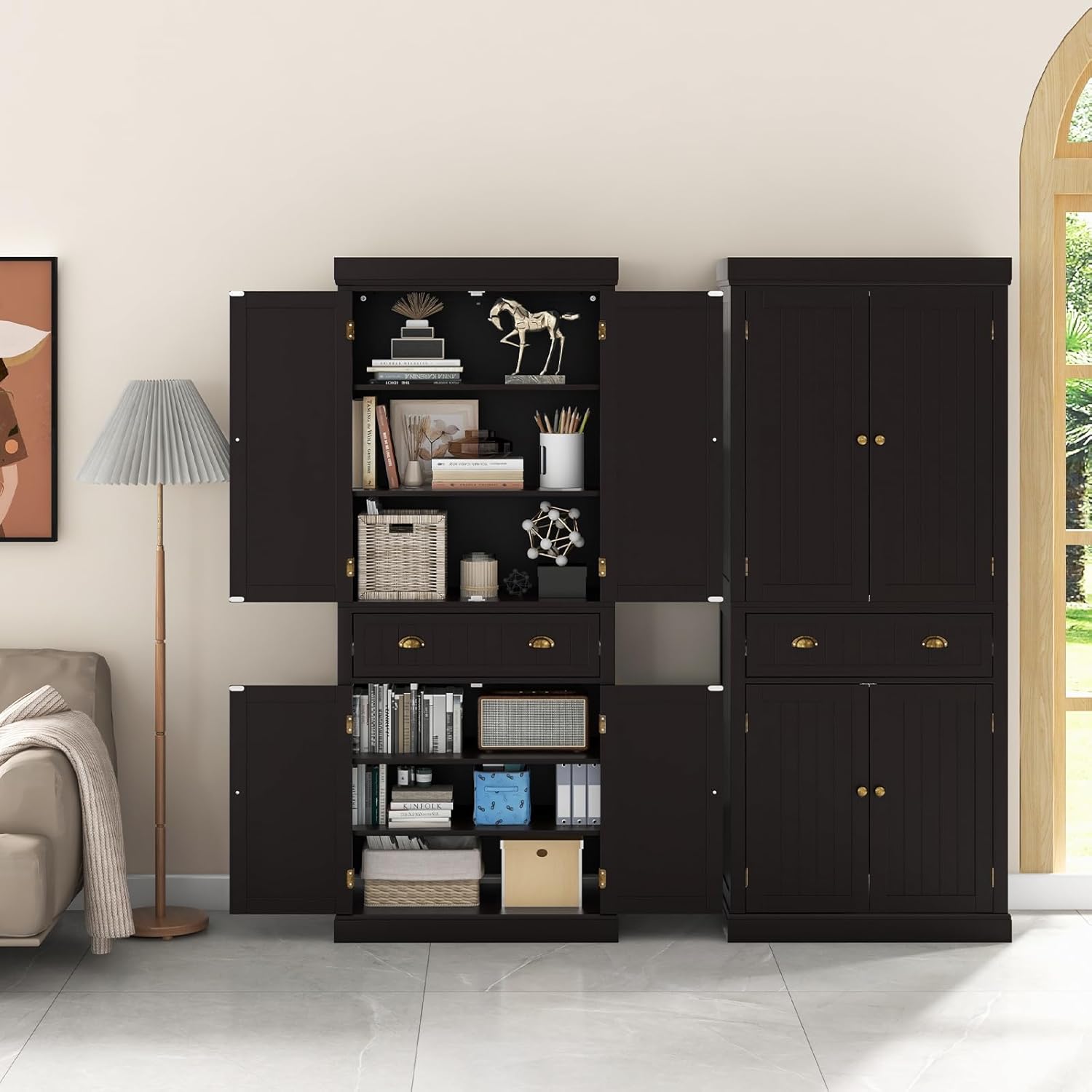 DORTALA 72” Tall Kitchen Pantry Cabinet, Wood Storage Cupboard w/ 4 Adjustable Shelves, 2 Cabinets & Drawer, Utility Freestanding Storage Cabinet for Kitchen, Hallway, Living Room, Brown