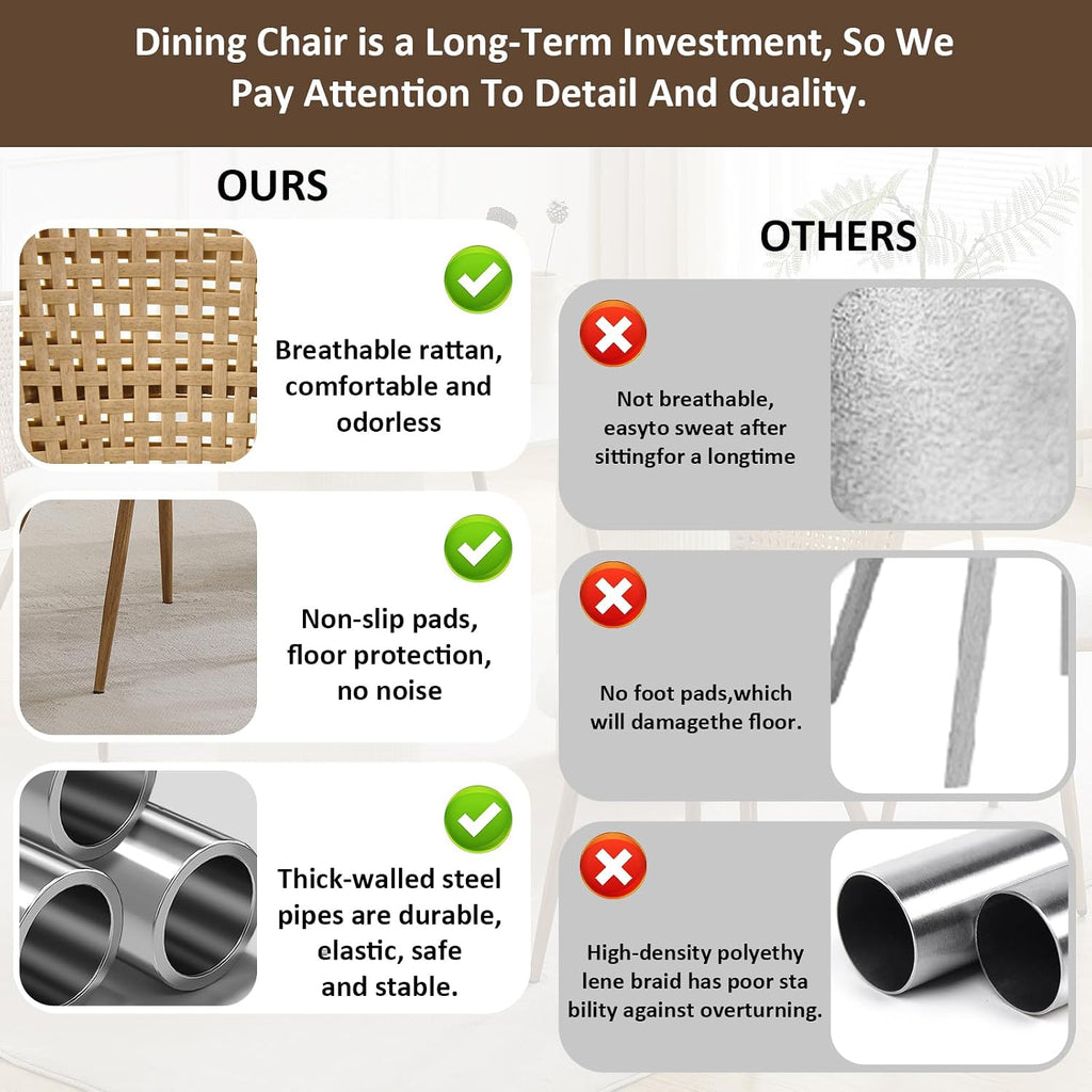 Rattan Dining Chairs,Upholstered Boucle Cushion with PE Cane Wing Back Kitchen Chair,Modern Dining Room Chair with Wood Metal Legs for Kitchen,Beige White Set of 4