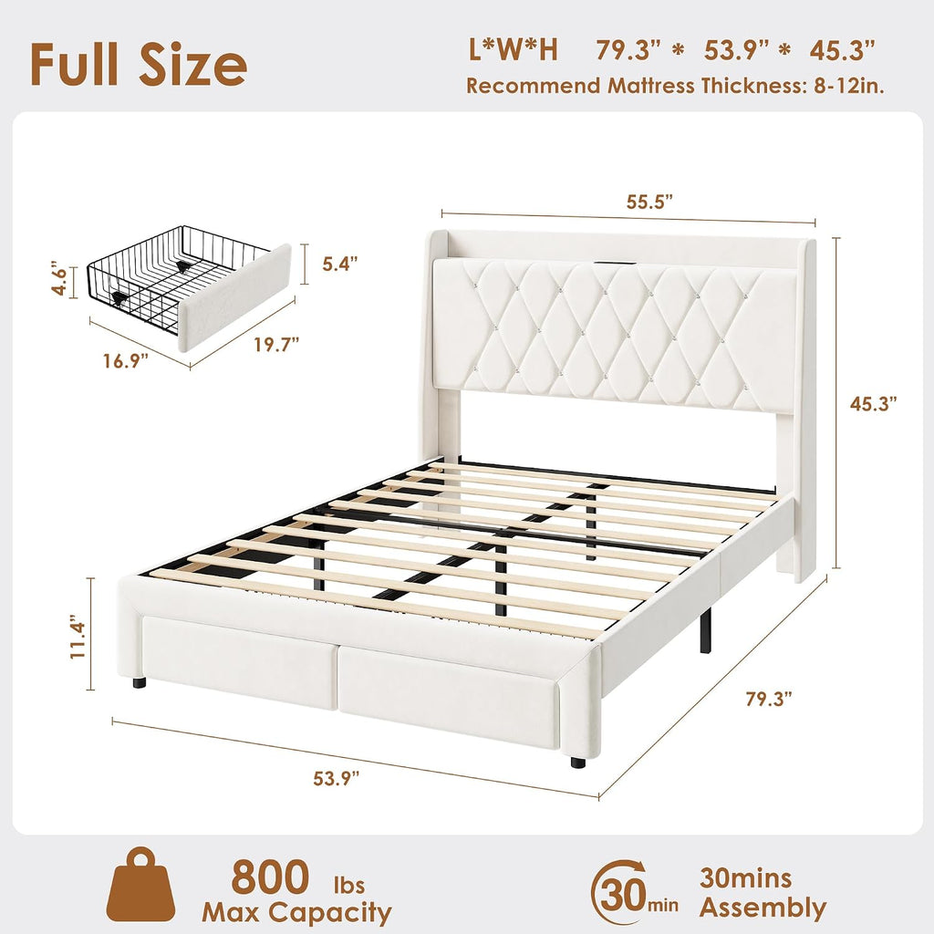 Garvee Full Size Bed Frame with Storage, Velvet Upholstered Platform Bed Frame with Crystal Tufted Headboard, Charging Station, 2 Drawers, No Box Spring Needed, Noise-Free,for Bedroom, Ivory