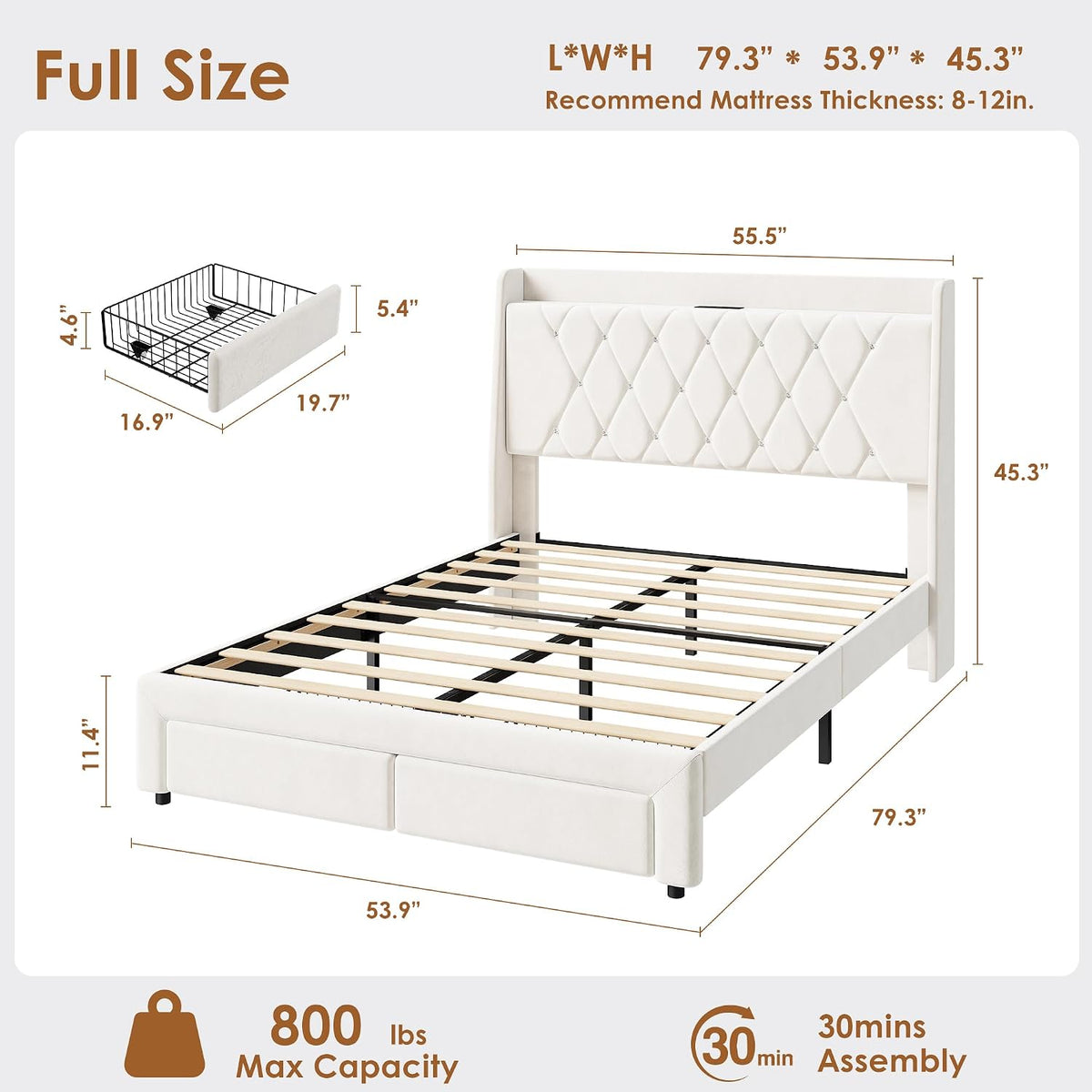 Garvee Full Size Bed Frame with Storage, Velvet Upholstered Platform Bed Frame with Crystal Tufted Headboard, Charging Station, 2 Drawers, No Box Spring Needed, Noise-Free,for Bedroom, Ivory