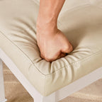 Solid Wood Vanity Bench Stool, Small Vintage Ottoman Foot Stool with Off-White Button Tufted PU Cushion Carved Footrest Rustic Stools for Bedroom Living Room,18.5 * 14.2 * 18.5in