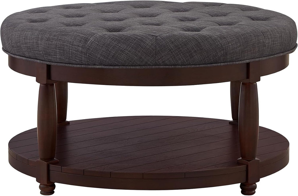 RENSGO 32.5" Large Round Upholstered Tufted Linen Ottoman Coffee Table, Large Footrest Ottoman with Wood Shelf Storage- Dark Grey