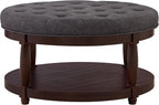 RENSGO 32.5" Large Round Upholstered Tufted Linen Ottoman Coffee Table, Large Footrest Ottoman with Wood Shelf Storage- Dark Grey