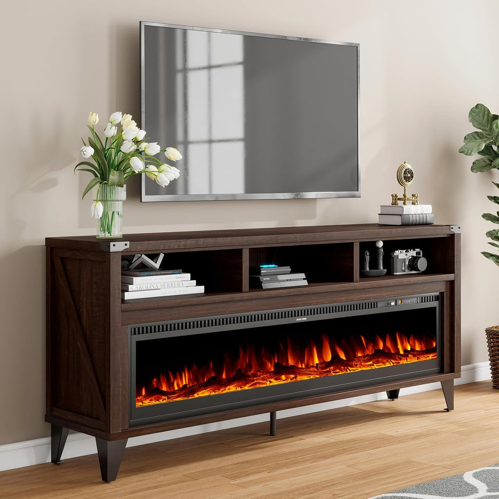 LUXOAK 65" Farmhouse TV Stand with 60" Electric Fireplace for TVs up to 75" | Espresso, Entertainment Center, Industrial TV Console, Tempered Glass Fireplace, TV Cabinet, Open Storage