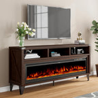 LUXOAK 65" Farmhouse TV Stand with 60" Electric Fireplace for TVs up to 75" | Espresso, Entertainment Center, Industrial TV Console, Tempered Glass Fireplace, TV Cabinet, Open Storage