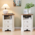 T4TREAM Farmhouse Nightstand Set of 2 with Charging Station, 18" End Table with 2 Drawers, Wood Side Table, Bedside Cabinet for Bedroom, Living Room (Antique White)