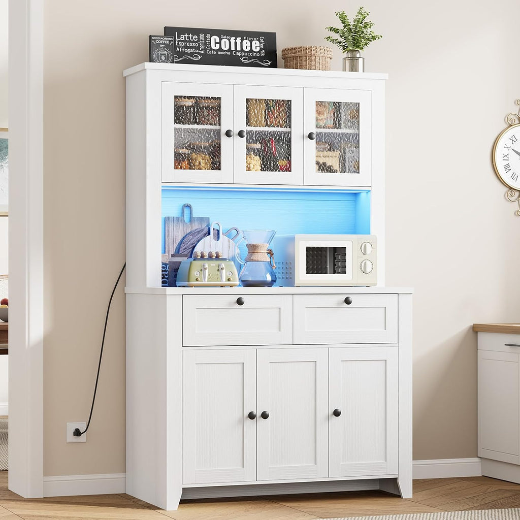 GarveeHome 66" Tall Pantry Cabinet with Power Outlet & LED Light, Kitchen Pantry Storage Cabinets with Countertop, Large Kitchen Hutch with Storage Drawers & Water Ripple Acrylic Panel Cabinet Door