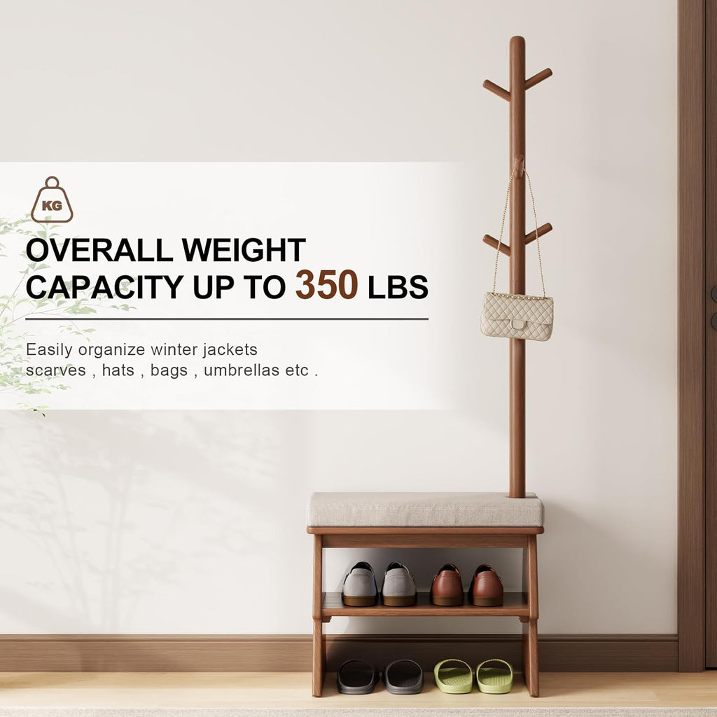 Coat Rack with Shoe Storage,Shoe Rack whit 8 Hook for Offices、Bedroom、Living Room,Small Shoe Bench,Walnut