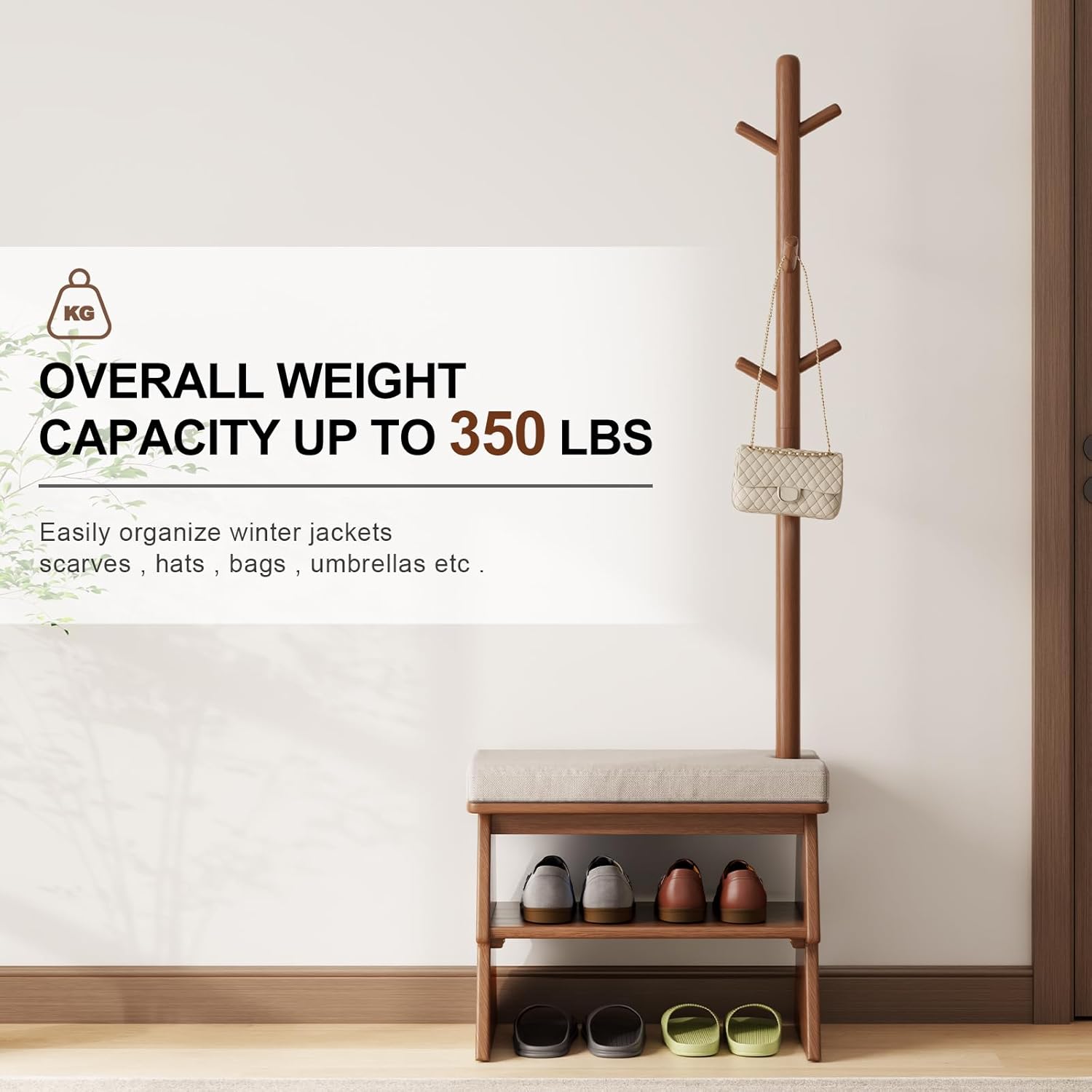 Coat Rack with Shoe Storage,Shoe Rack whit 8 Hook for Offices、Bedroom、Living Room,Small Shoe Bench,Walnut