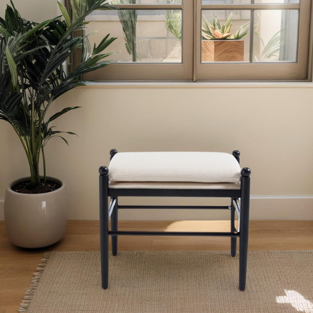Ottoman Footrest, 19 Inch Upholstered Vanity Bench Seat, Backless Makeup Stool with Solid Wood Legs for Dining Room/Bedroom/Living Room/Entryway,Black Frame/White Linen