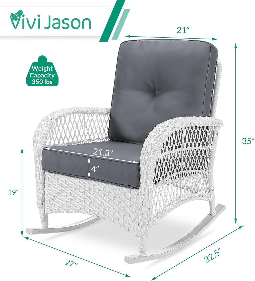 VIVIJASON Outdoor Wicker Rocking Chair, Patio Rattan Rocker Chair with Cushions & Steel Frame, All-Weather Rocking Lawn Rattan Furniture for Garden Backyard Porch (White Wicker/Grey)