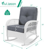 VIVIJASON Outdoor Wicker Rocking Chair, Patio Rattan Rocker Chair with Cushions & Steel Frame, All-Weather Rocking Lawn Rattan Furniture for Garden Backyard Porch (White Wicker/Grey)