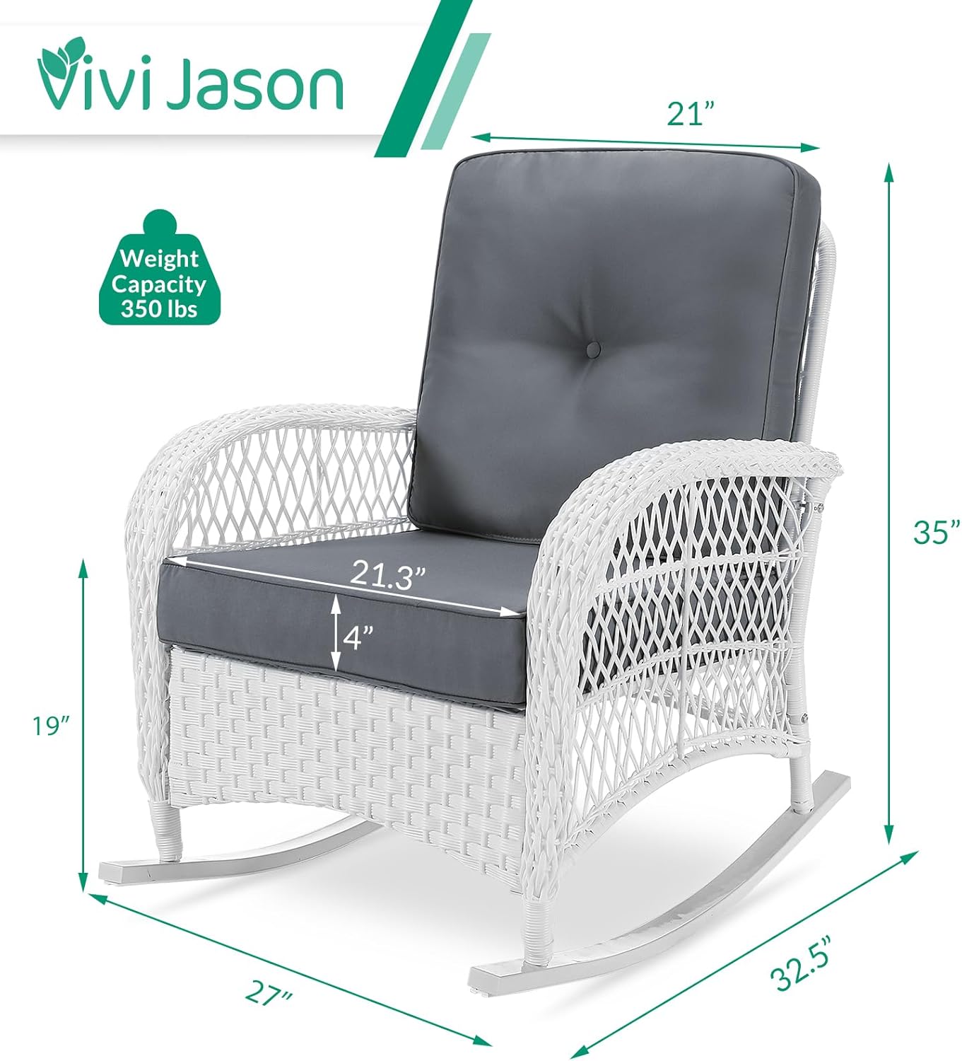 VIVIJASON Outdoor Wicker Rocking Chair, Patio Rattan Rocker Chair with Cushions & Steel Frame, All-Weather Rocking Lawn Rattan Furniture for Garden Backyard Porch (White Wicker/Grey)