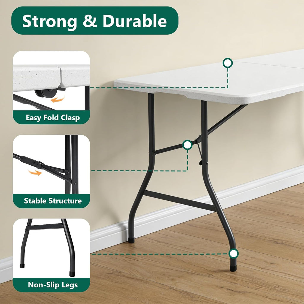 Portable 5-Piece Folding Table and Chairs Set for 4 – Heavy-Duty 5FT Foldable Plastic Table with Carrying Handle &4 PU Leather Padded Chairs,All-Weather Indoor Outdoor for Party Wedding Picnic Camping