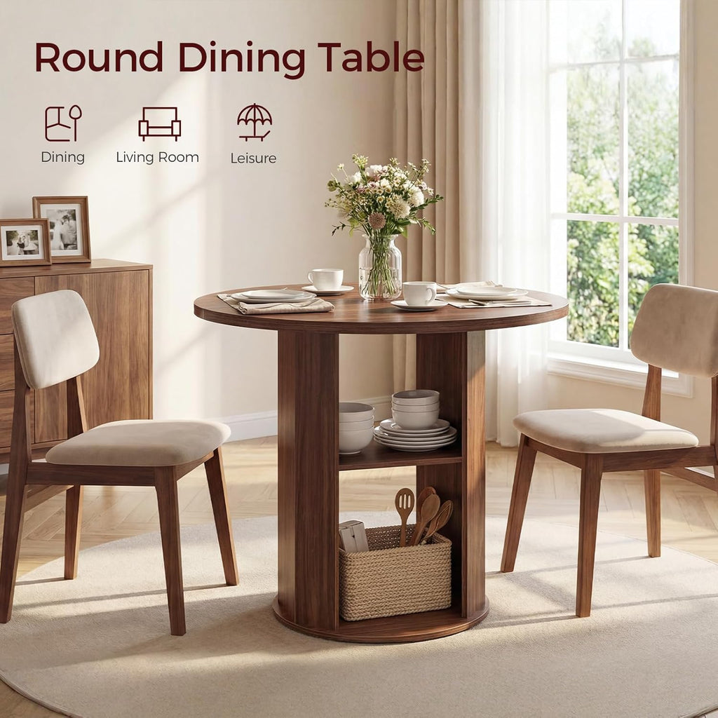 MAHANCRIS 31.5" Round Dining Table with Storage Shelf for 2-3, Circle Kitchen Dinner Table with Thick Tabletop, for Small Spaces, Circle Nook Table for Kitchen & Dining Room, Walnut DTWA8501