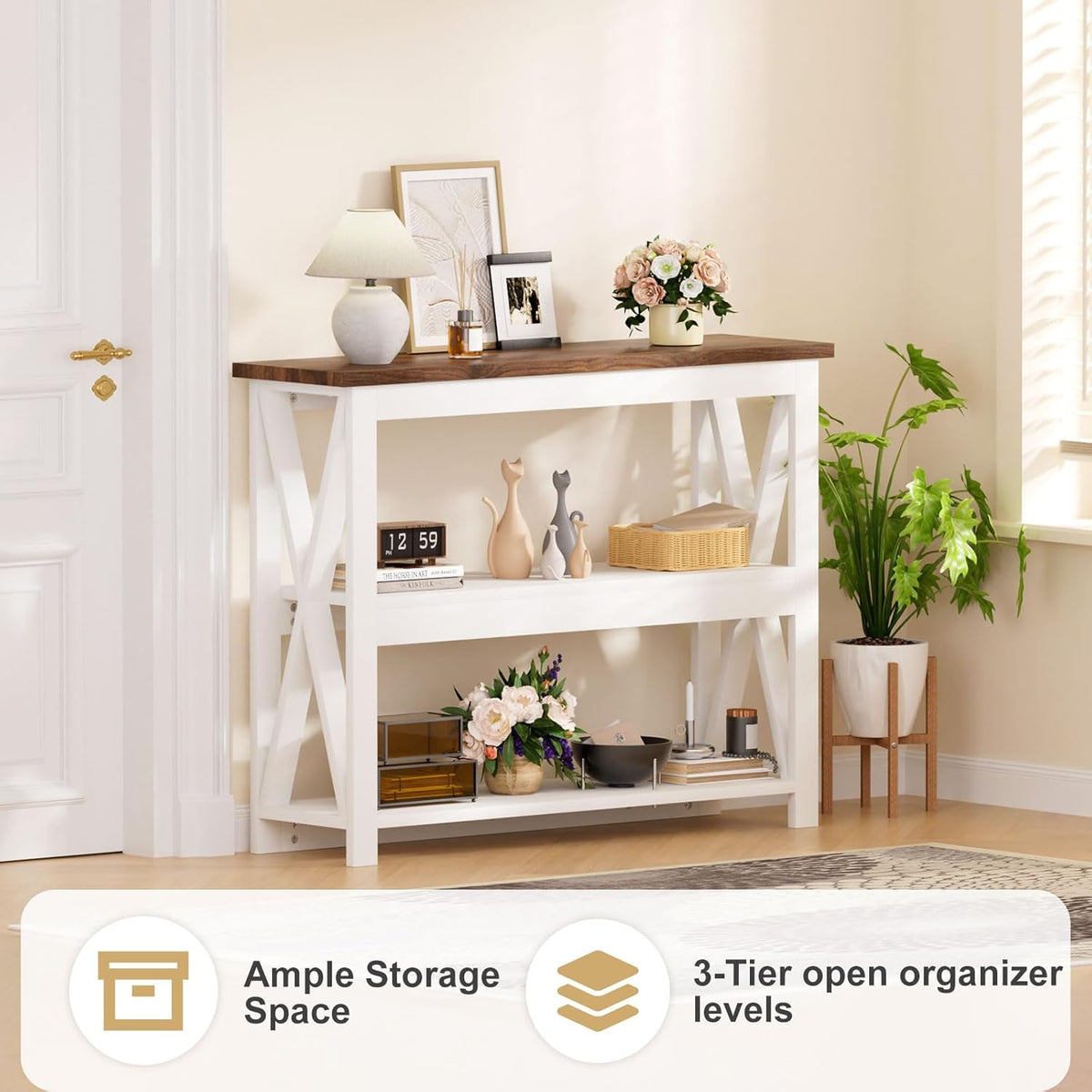 3-Tier Wood Entryway Table: 41" Narrow Console Shelf for Hallway - Farmhouse Sofa Desk Storage for Living Room (White)