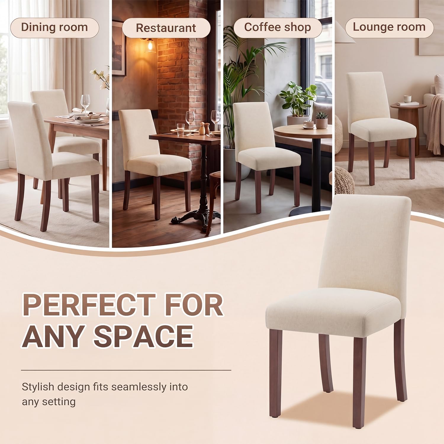 Upholstered Dining Chairs Set of 6, Mid-Century Dining Room Chairs with Wooden Legs, Farmhouse Fabric Parsons Chairs for Small Space Restaurant & Cafe- Beige