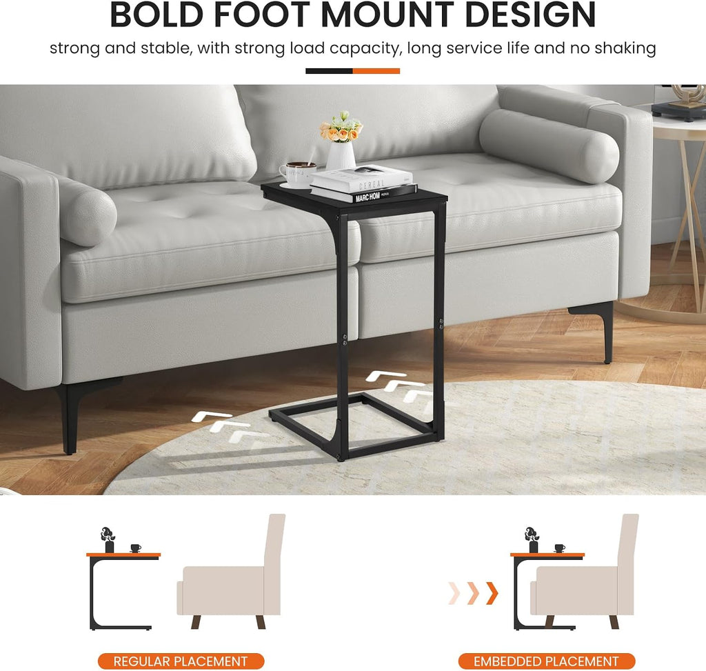 BLKMTY Small Side Table, C-Shaped End Wood Bedside Table, Snack Side Tables for Sofa, Couch, Living Room, Bedroom, Narrow Tables with Metal Frame & Adjustable Feet, Black