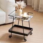 2 Tier Side Table with Wheels End Tables with Storage Shelf Storage Cart with Glass Top Small Coffee Table for Home Solid Construction