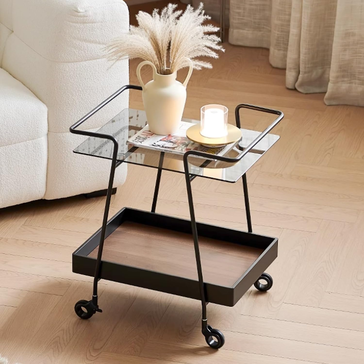 2 Tier Side Table with Wheels End Tables with Storage Shelf Storage Cart with Glass Top Small Coffee Table for Home Solid Construction