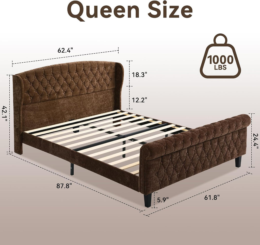 BedsPick Brown Upholstered Queen Bed Frame with 42" Wingback Headboard, Sleigh Queen Size Bed Frame with Button Tufted Scroll Footboard, Wood Slats Support/No Noise/Easy Assembly/No Box Spring Needed