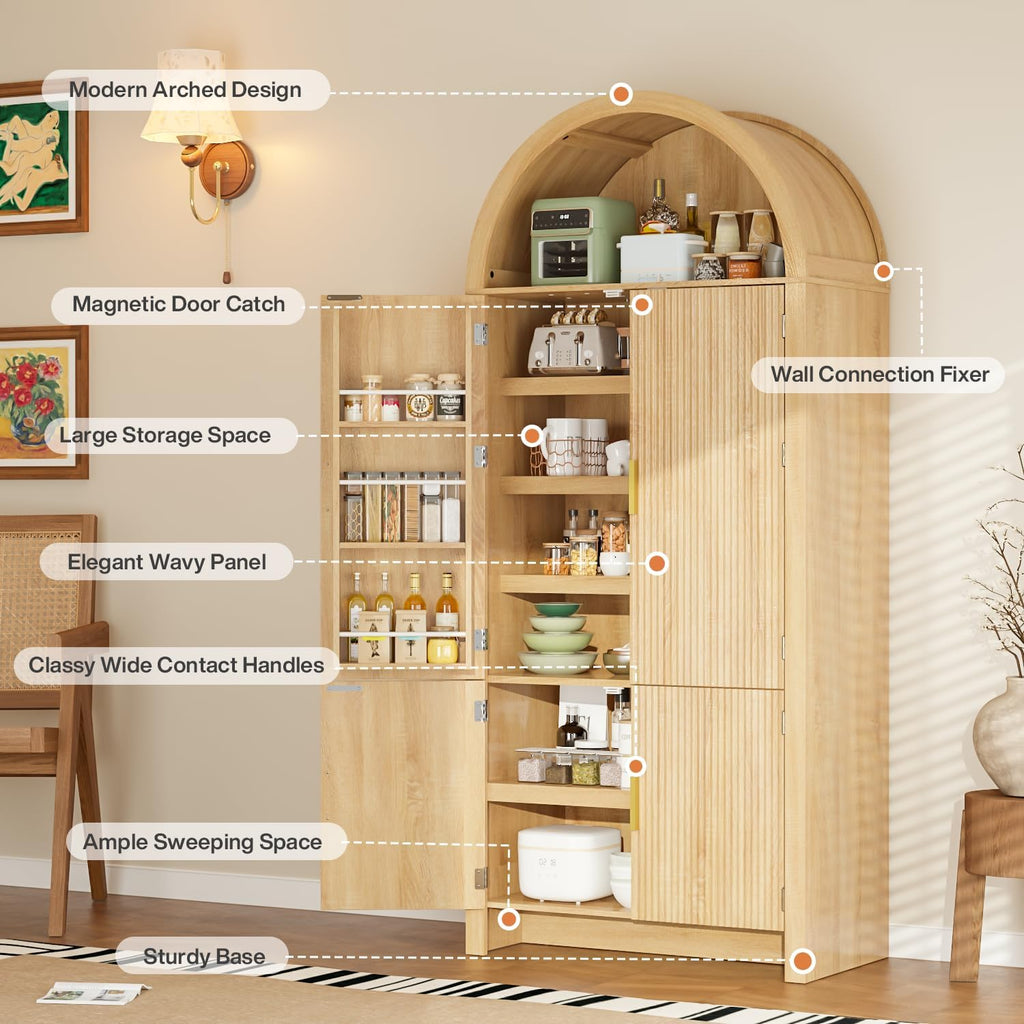 PRETZI 71" Arched Cabinet with Doors, Tall Arched Kitchen Pantry Storage Cabinet and Adjustable Shelves, Modern Fluted Natural Wood Cupboard for Kitchen, Dining Room, Bathroom