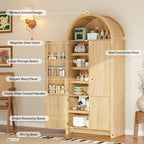 PRETZI 71" Arched Cabinet with Doors, Tall Arched Kitchen Pantry Storage Cabinet and Adjustable Shelves, Modern Fluted Natural Wood Cupboard for Kitchen, Dining Room, Bathroom