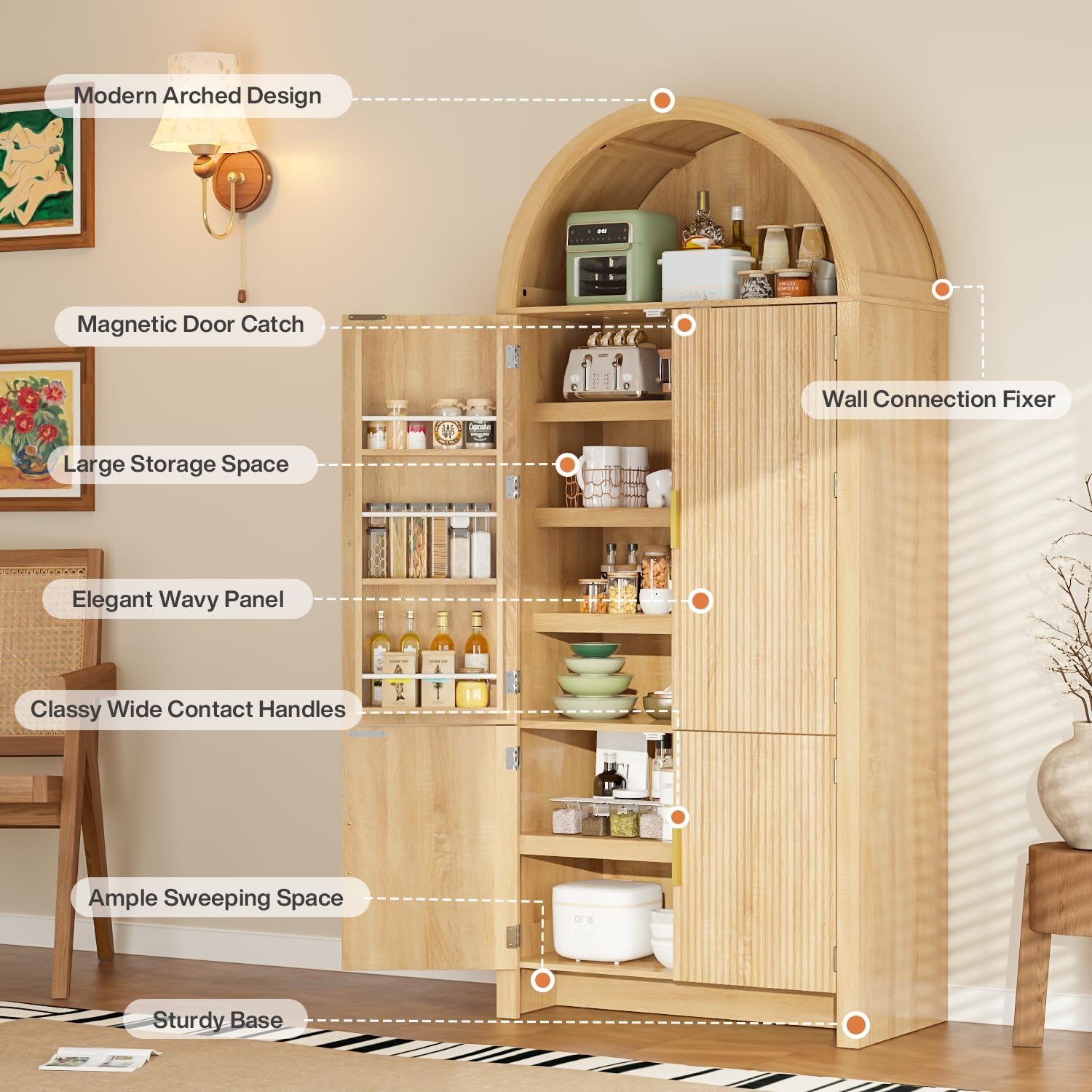 PRETZI Fluted Arched Cabinet with Doors, 71" Tall Kitchen Pantry Storage Cabinet with Adjustable Shelves and 6 Door Shelves, Freestanding Morden Organizer for Kitchen, Living Room, Natural Wood