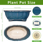 Bonsai Tree Pot - 11 Inch Ceramic Succulent Pots, Bonsai Planter for Indoor Outdoor, Decorative Plant Pot with Drainage Hole, Oval Flower Pot, Home Garden Decor, Garden Gifts, Retro Blue