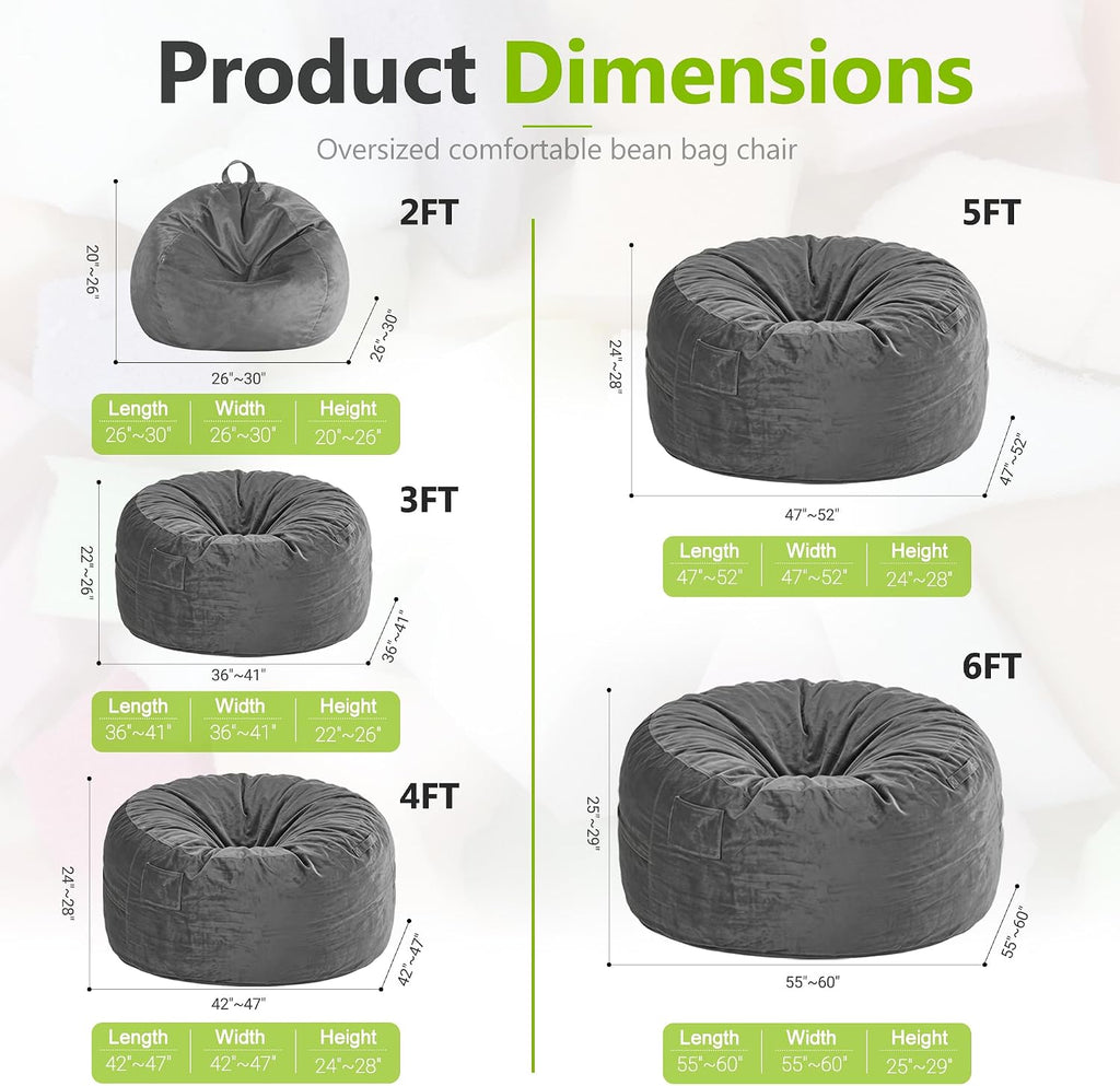 Homguava 6FT Bean Bag Chairs for Adults,Giant Adult Bean Bag Chair,BeanBag | Large Beanbag Chair with Foam Filled,Bean Bag Sofa with Handle&Pocket,Washable Velvet Cover Bedroom,Living Room-Grey