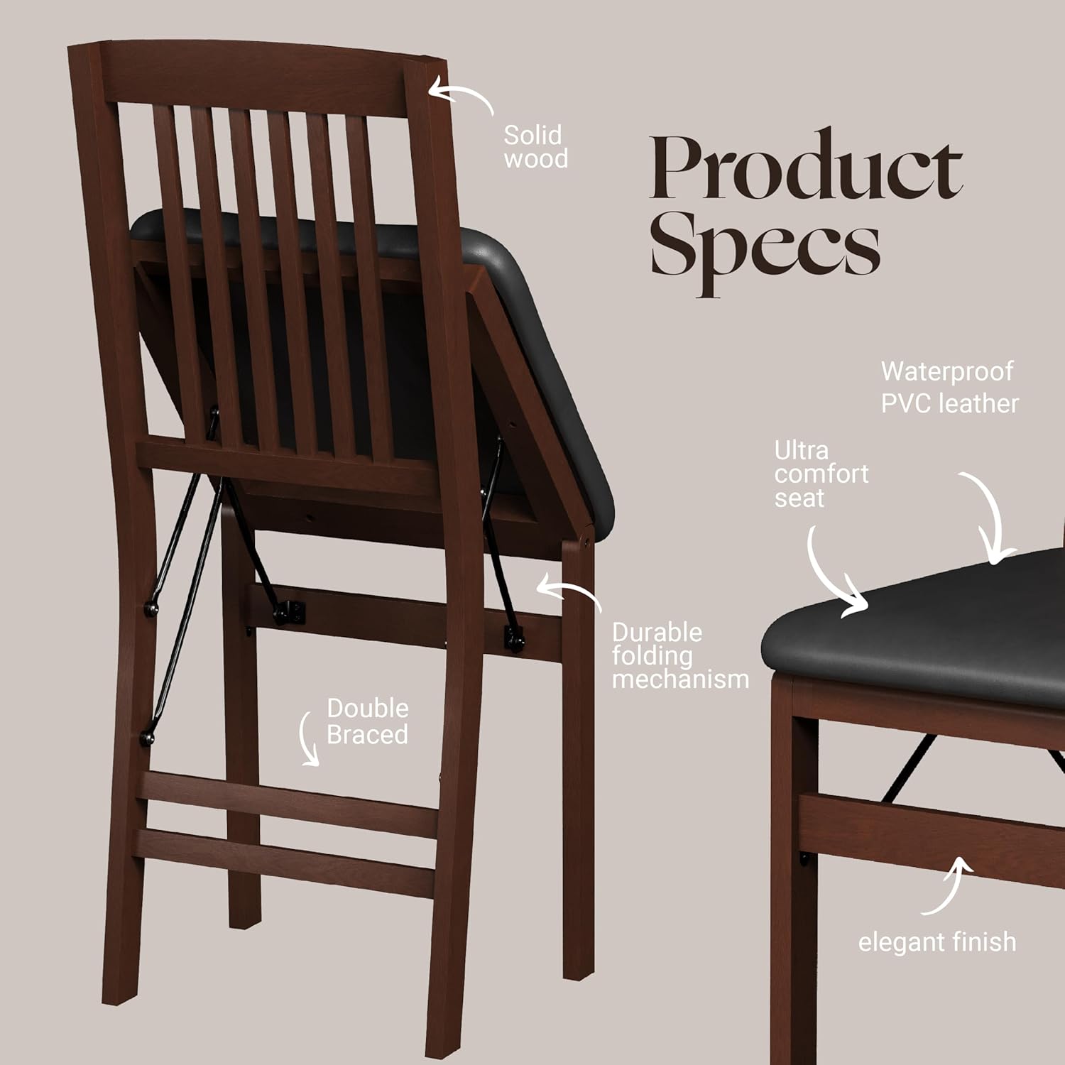 SIMPLEX Folding Wood Dining Chairs, Padded, No Assembly, 2 Pack | Solid rubberwood frames support 400 lb each; PU leather cushions fold to 17 inches for kitchens, apartments or extra seating.