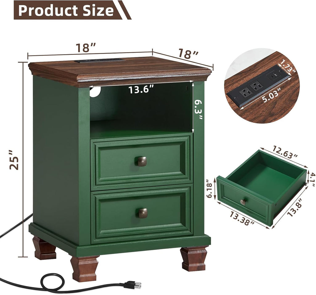 SAVOR LIFE Farmhouse Nightstand Set of 2 with Charging Station, Green | End Tables Bedroom with 2 Drawers, Traditional Night Stand with Open Shelf & Thickened Top & Square Wooden Legs