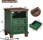 SAVOR LIFE Farmhouse Nightstand Set of 2 with Charging Station, Green | End Tables Bedroom with 2 Drawers, Traditional Night Stand with Open Shelf & Thickened Top & Square Wooden Legs