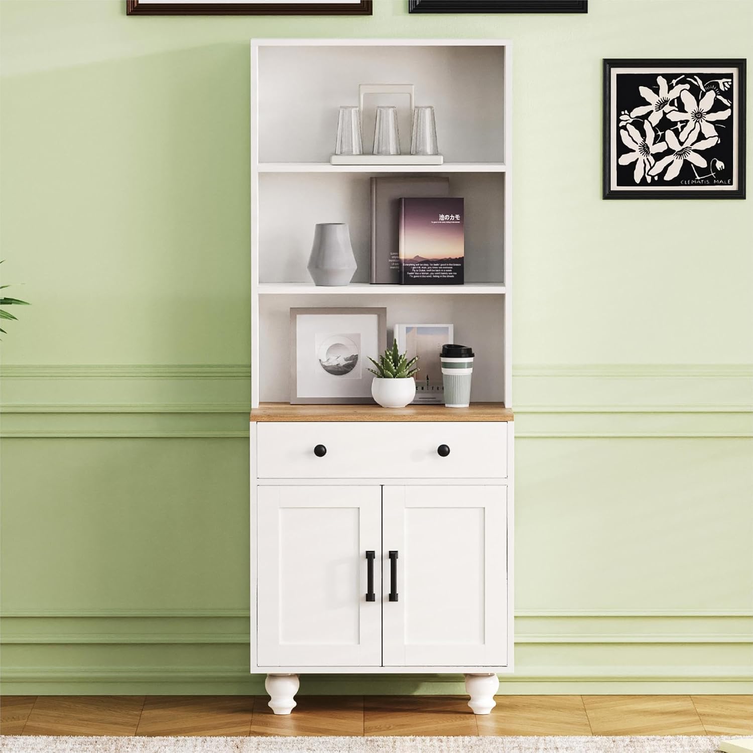 DSHADE Farmhouse Pantry Cabinet with 4 Solid Wood Gourd-Shaped Legs, Modern Kitchen Cabinet with Adjustable Shelves, 5 Tier Bookshelf with Drawer for Living Room, White