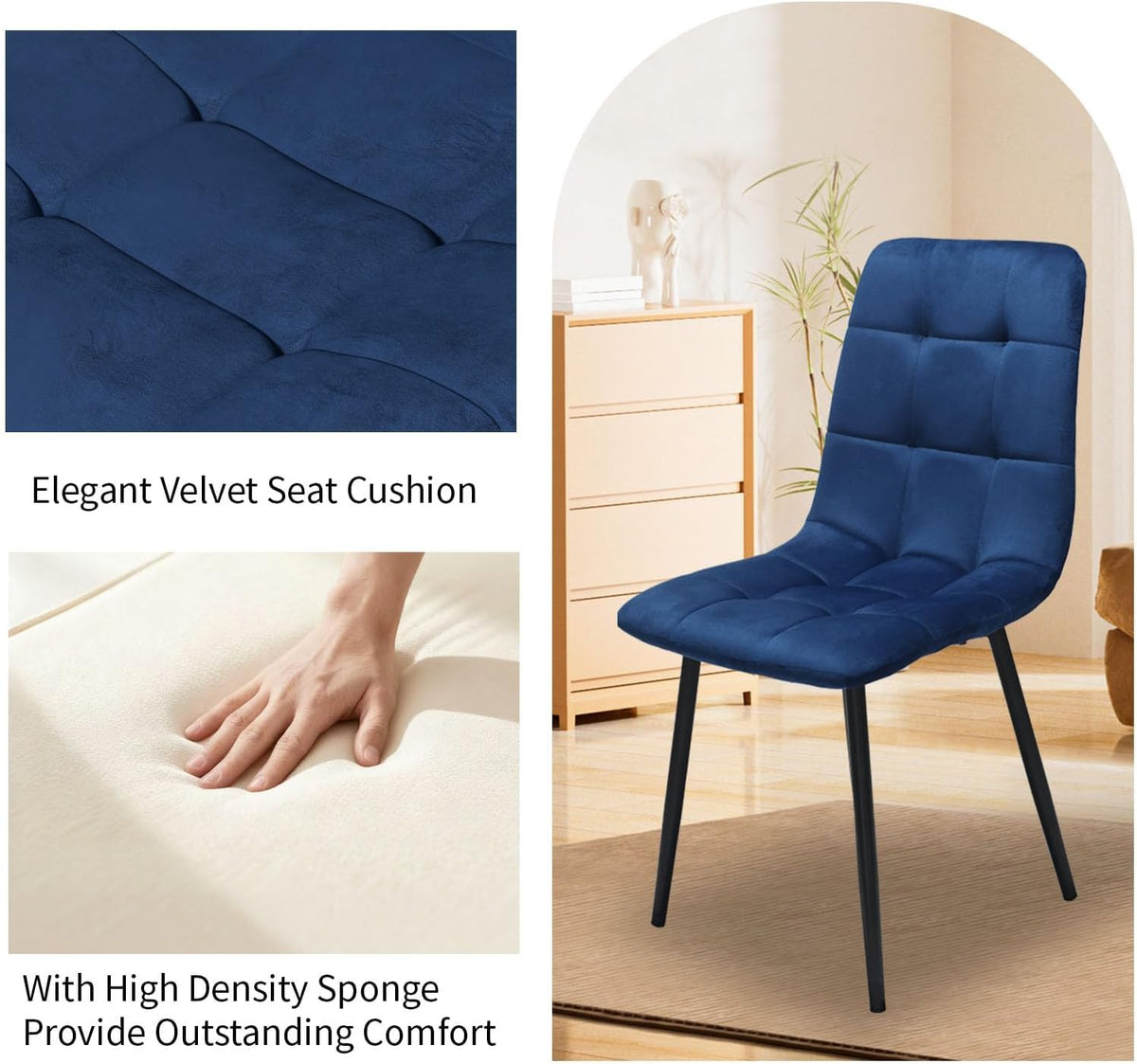 Velvet Dining Chairs Set of 4, Mid Century Upholstered Blue Dining Chairs Tufted Upholstered Kitchen Chairs Set of 4 for Dining Room, Bedroom, Living Room (Blue, Set of 4)