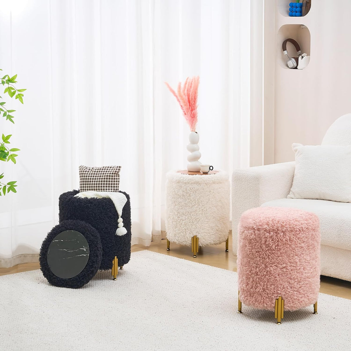 Round Storage Ottoman,Modern Foot Stool with Metal Legs,Vanity Stool with Soft Padded Seat,Side Table or Plant Stand for Hallway,Living Room (Black-Long Wool)