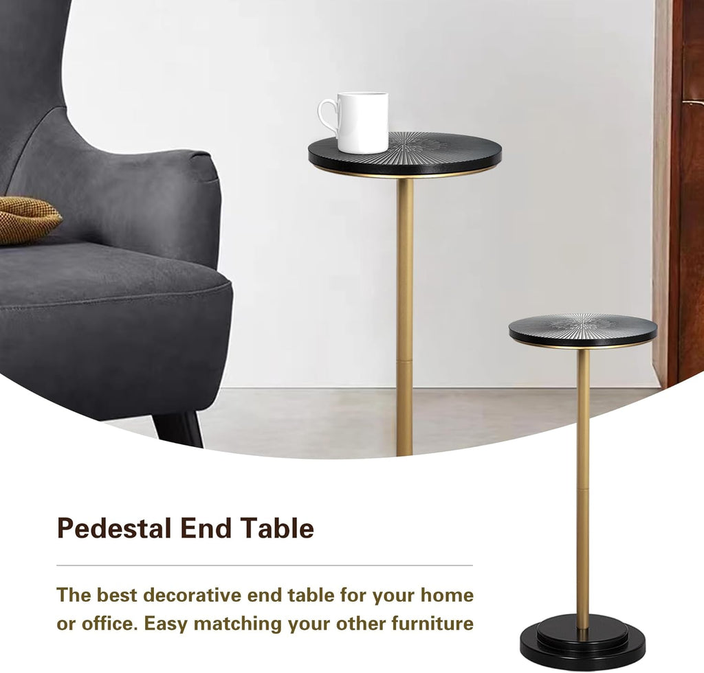 COVLON Drink Table, Small Pedestal Side Table with Wooden Carved Top for Living Room, Bedroom, Small Space, Gold and Black