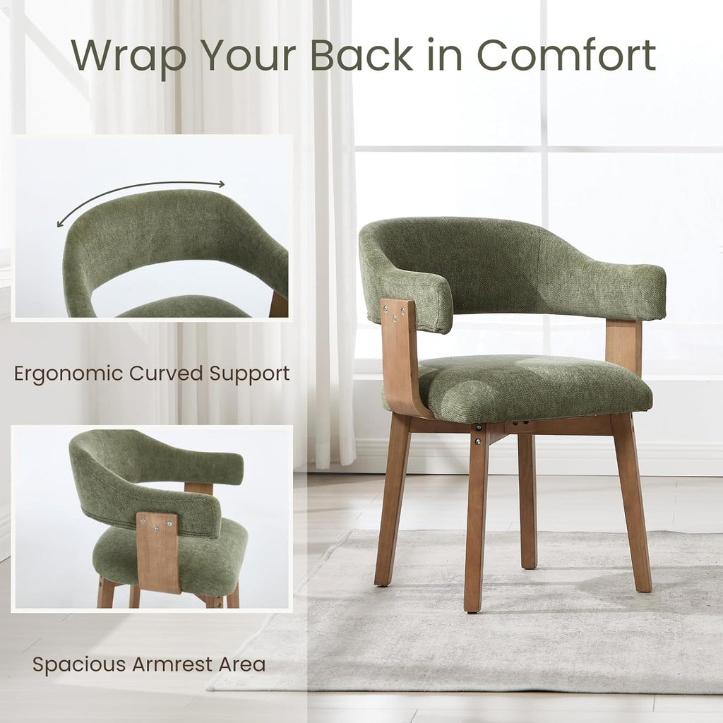 ROCITY Green Dining Chairs Set of 6 Upholstered Dining Room Chairs, Mid Century Modern Kitchen Chairs with Curved Backrest and Wooden Legs for Dining,Living Room