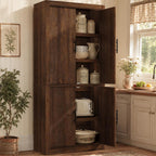 Garvee Tall Farmhouse Pantry Cabinet with Adjustable Shelves, 70.4" Kitchen Storage Cupboard with 4 Doors, Freestanding Microwave Stand and Food Organizer, Dining Area, Rustic Brown