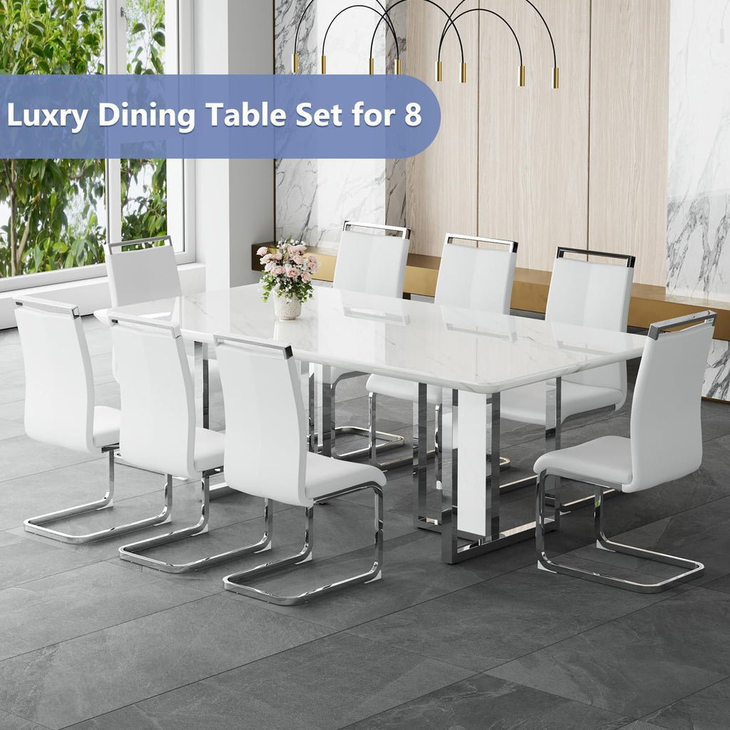 JUFU 9 Piece Dining Table Set for 8, 79 Inch Faux Marble Dining Room Table Set with 8 PU Leather Chairs, Modern Rectangular Kitchen Table and Chairs Set for Large Dining Room, Kitchen