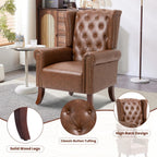 Faux Leather Accent Chair, Mid-Century Armchair Upholstered Club Sofa Chair with Wooden Legs, High Back Living Room Chair for Bedroom, Office, Lounge (Brown)