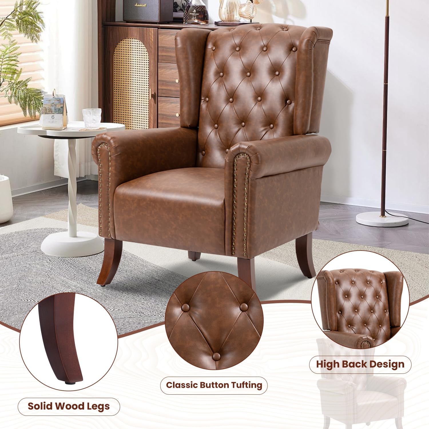 Faux Leather Accent Chair, Mid-Century Armchair Upholstered Club Sofa Chair with Wooden Legs, High Back Living Room Chair for Bedroom, Office, Lounge (Brown)
