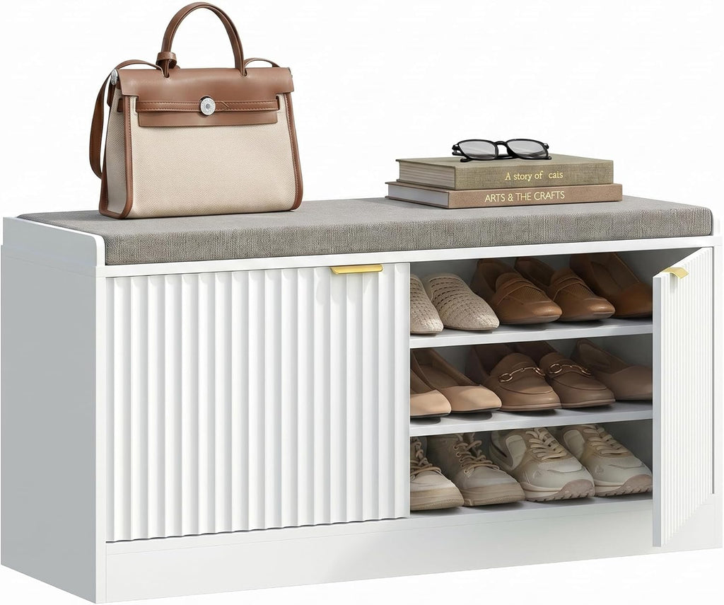 Fluted Shoe Storage Bench with Cushion, 2-Tier Entryway Shoe Bench with Adjustable Shelves, Hidden Shoe Cabinet Bench with 2 Doors for Hallway, Living Room, Bedroom End of Bed,White
