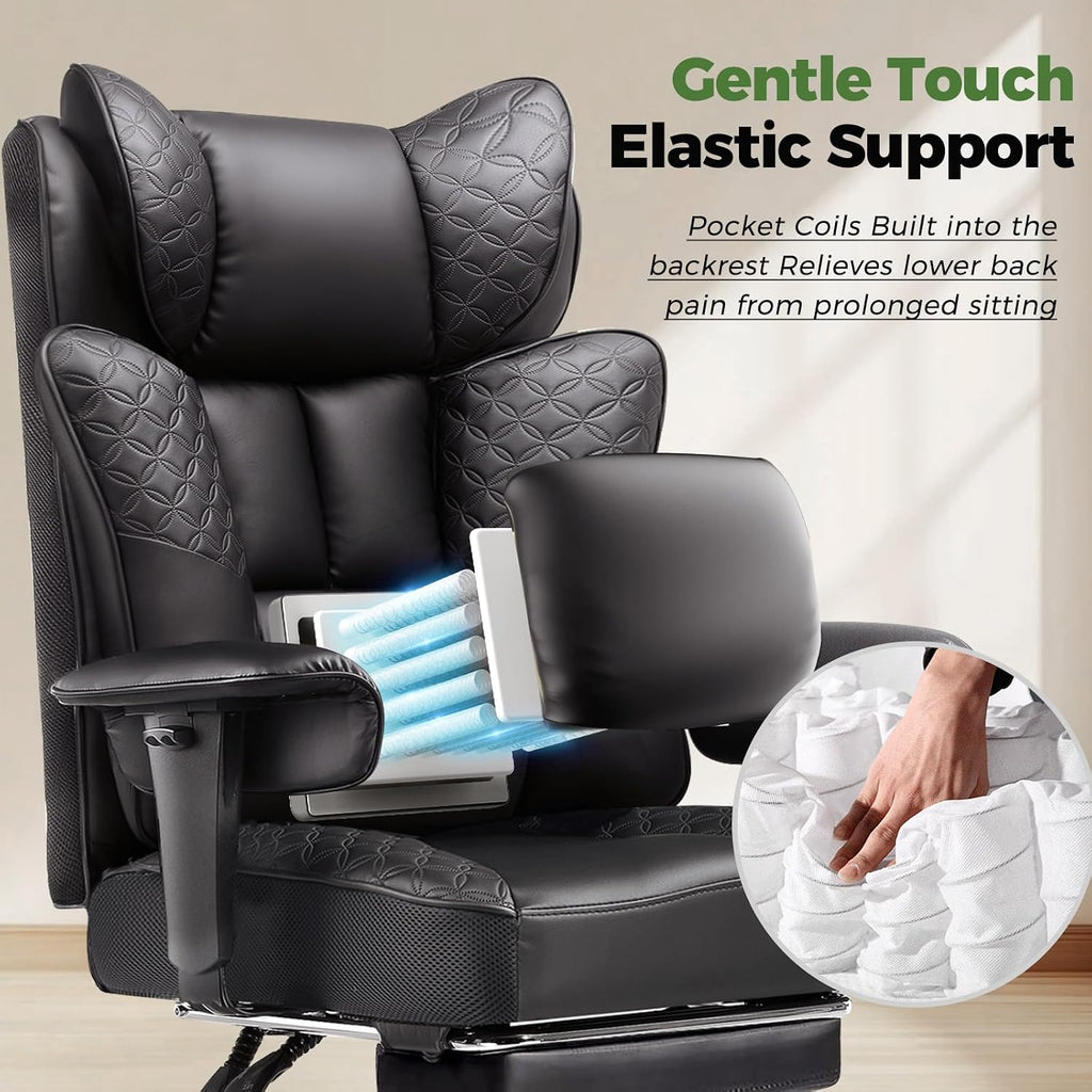GTPLAYER Big and Tall Office Chair Wide Ergonomic Gaming Chair with Deluxe Embossing Designed Leather with Foot Rest,150°Reclining Adjustable Soft Armrests Pocket Spring Back Support and Pillow