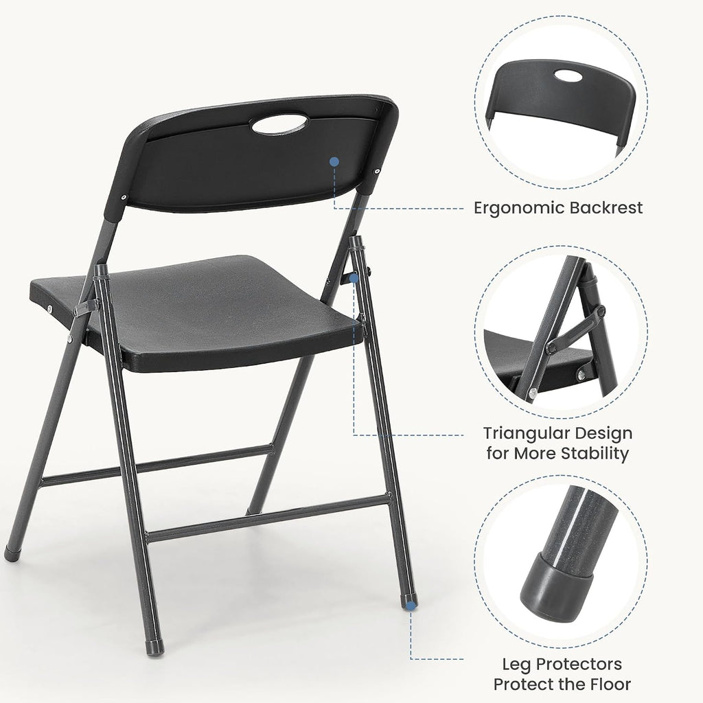 DUMOS Folding Chairs 2 Pack, Dining Chairs, Outdoor Home Office | Plastic Portable Stackable, Metal Frame, Indoor Party Event, Wedding Birthday, Black