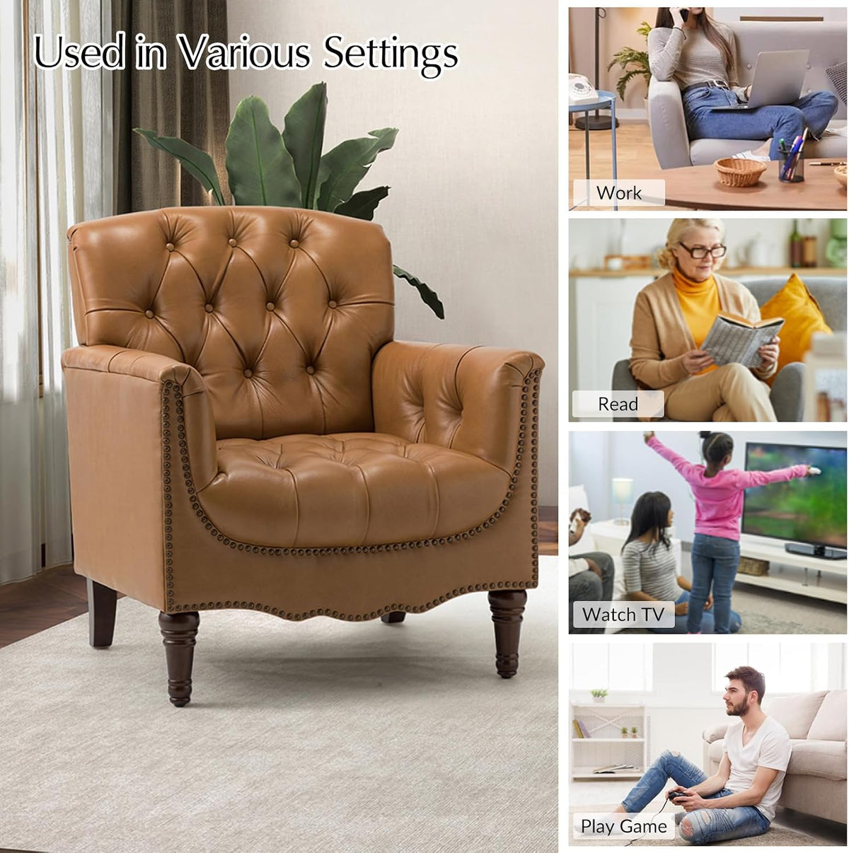HULALA HOME Mid Century Modern Genuine Leather Accent Chair Set of 2, Camel | Button Tufted Leather Armchairs, Upholstered Club Chairs with Nailhead Trim, Solid Wood Legs,for Living Room Bedroom