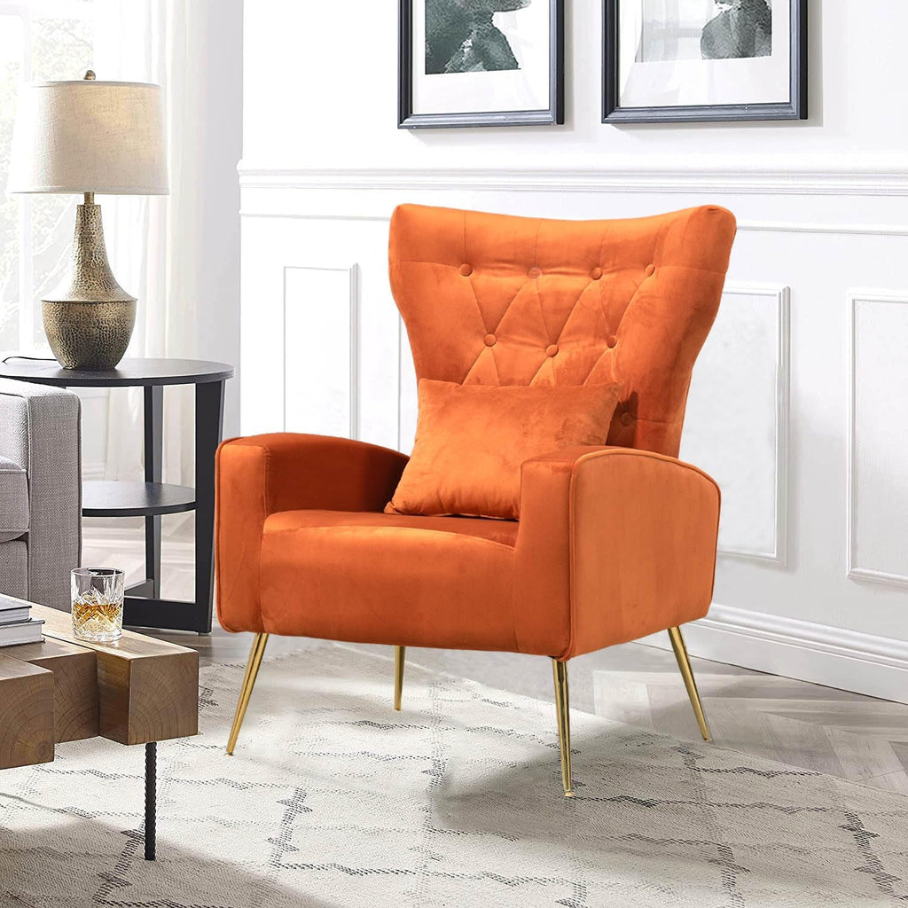 Mid-Century Accent Chairs Set of 2, Wingback Chair with Arm & Gold Legs, Living Room Bedroom Side Chair with Lumbar Pillow, Velvet Upholstered, Button-Tufted, Orange